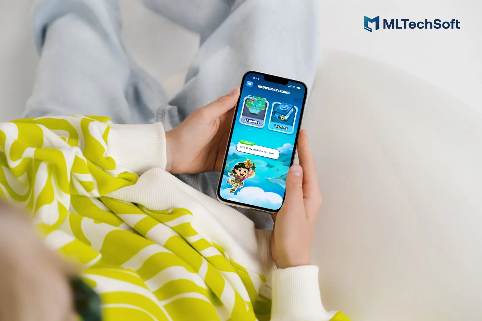 A child using LamViecTot Application with colorful educational graphics on screen.